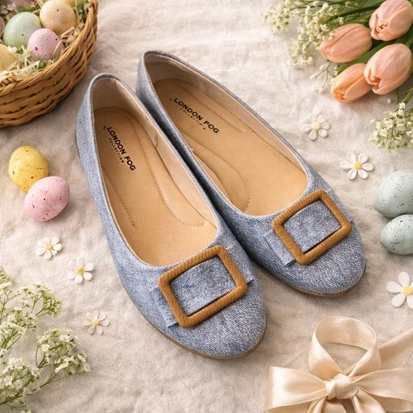 London Fog Bixby Blue Denim Buckle Ballet Flats Womens 7.5W Wide Slip On Shoes - Picture 1 of 7